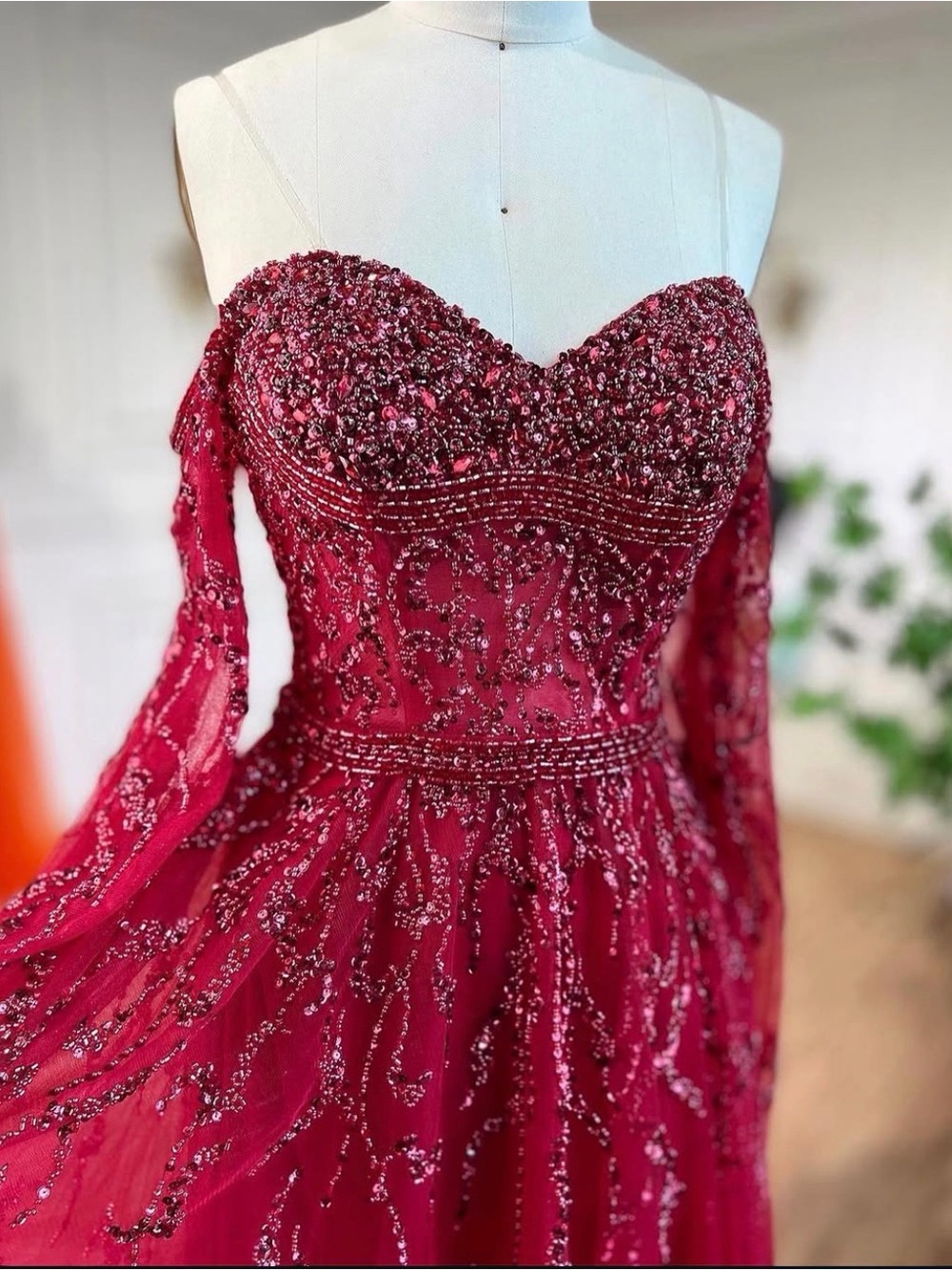 Unk Burgundy Beaded Off-Shoulder Maxi Dress